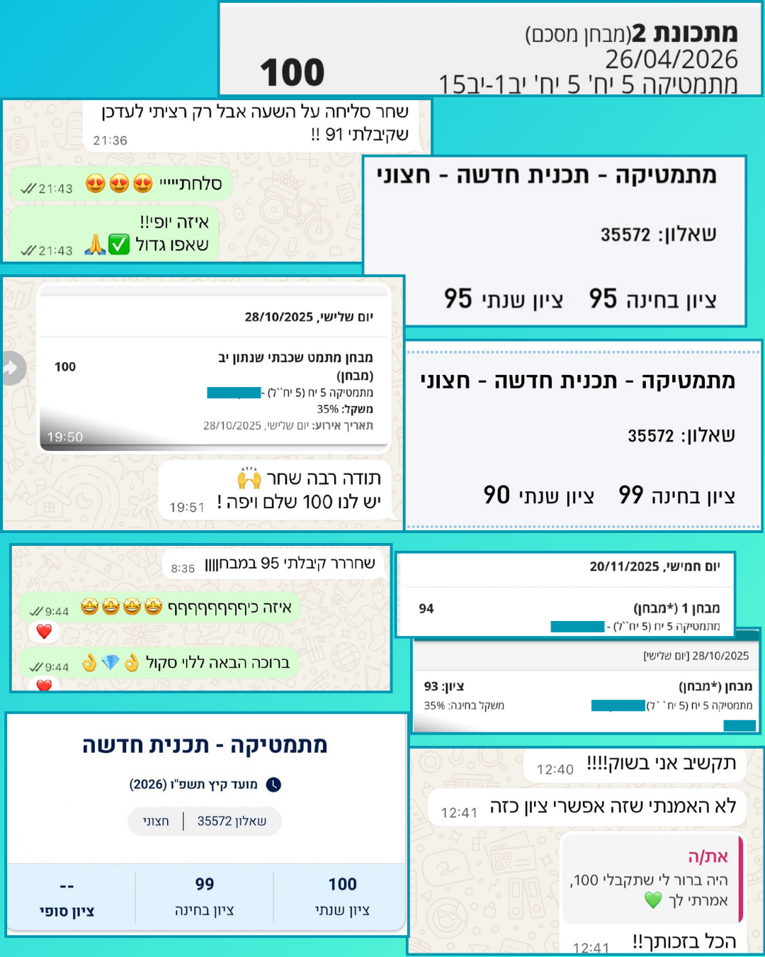 קולאז׳ ציונים והודעות תודה מתלמידי שאלון 572